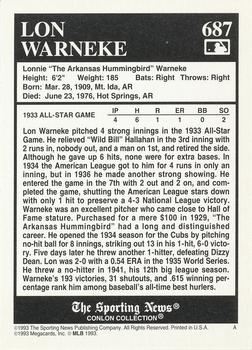 1993 Conlon Collection TSN #687 Lon Warneke Back
