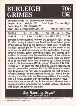1993 Conlon Collection TSN #706 Burleigh Grimes Back
