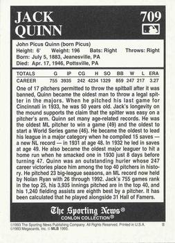 1993 Conlon Collection TSN #709 Jack Quinn Back