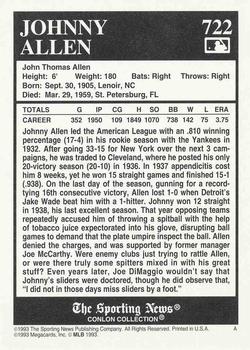 1993 Conlon Collection TSN #722 Johnny Allen Back