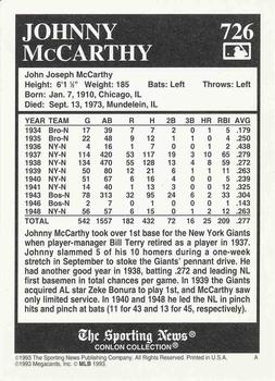 1993 Conlon Collection TSN #726 Johnny McCarthy Back