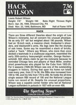 1993 Conlon Collection TSN #736 Hack Wilson Back