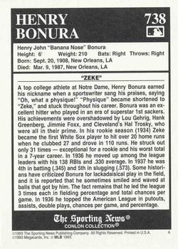 1993 Conlon Collection TSN #738 Zeke Bonura Back