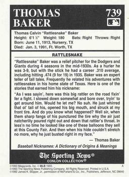 1993 Conlon Collection TSN #739 Tom Baker Back
