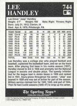 1993 Conlon Collection TSN #744 Lee Handley Back