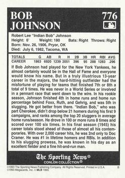 1993 Conlon Collection TSN #776 Bob Johnson Back