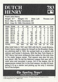 1993 Conlon Collection TSN #783 Dutch Henry Back