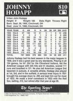 1993 Conlon Collection TSN #810 Johnny Hodapp Back