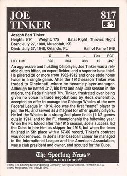 1993 Conlon Collection TSN #817 Joe Tinker Back