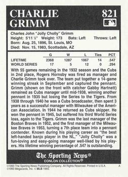 1993 Conlon Collection TSN #821 Charlie Grimm Back