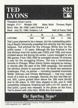 1993 Conlon Collection TSN #822 Ted Lyons Back