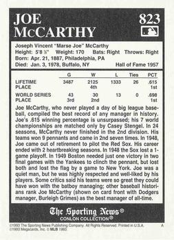 1993 Conlon Collection TSN #823 Joe McCarthy Back
