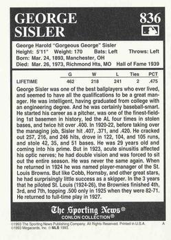 1993 Conlon Collection TSN #836 George Sisler Back