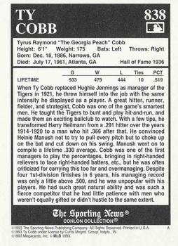 1993 Conlon Collection TSN #838 Ty Cobb Back
