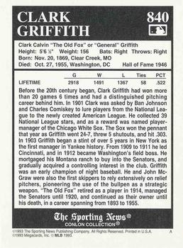 1993 Conlon Collection TSN #840 Clark Griffith Back