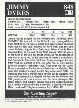 1993 Conlon Collection TSN #848 Jimmie Dykes Back