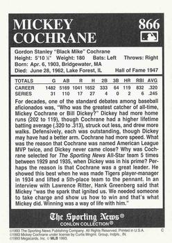 1993 Conlon Collection TSN #866 Mickey Cochrane Back
