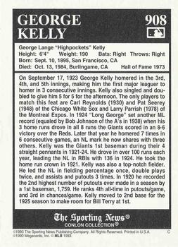 1993 Conlon Collection TSN #908 George Kelly Back