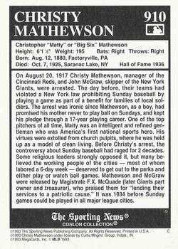 1993 Conlon Collection TSN #910 Christy Mathewson Back