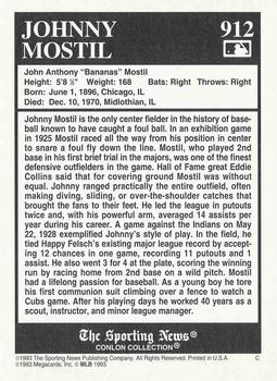 1993 Conlon Collection TSN #912 Johnny Mostil Back