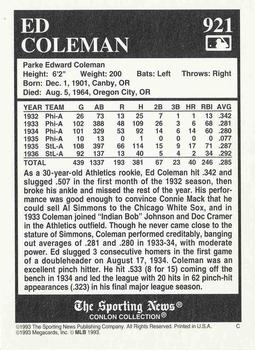 1993 Conlon Collection TSN #921 Ed Coleman Back