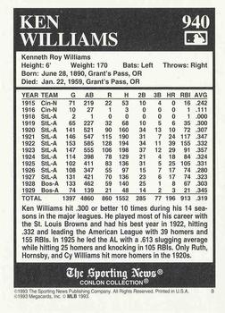 1993 Conlon Collection TSN #940 Ken Williams Back