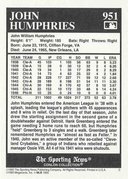 1993 Conlon Collection TSN #951 John Humphries Back