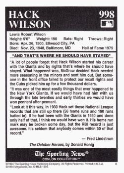 1994 Conlon Collection TSN #998 Hack Wilson Back