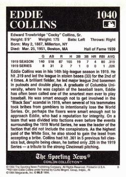 1994 Conlon Collection TSN #1040 Eddie Collins Back