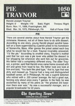 1994 Conlon Collection TSN #1050 Pie Traynor Back