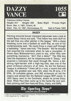 1994 Conlon Collection TSN #1055 Dazzy Vance Back