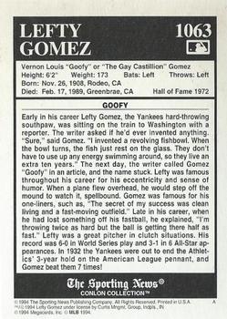 1994 Conlon Collection TSN #1063 Lefty Gomez Back
