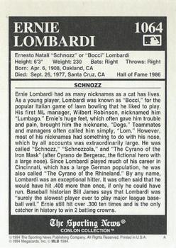 1994 Conlon Collection TSN #1064 Ernie Lombardi Back