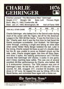 1994 Conlon Collection TSN #1076 Charlie Gehringer Back