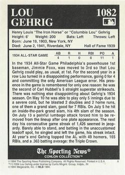 1994 Conlon Collection TSN #1082 Lou Gehrig Back