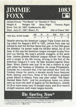 1994 Conlon Collection TSN #1083 Jimmie Foxx Back