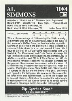 1994 Conlon Collection TSN #1084 Al Simmons Back
