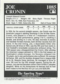 1994 Conlon Collection TSN #1085 Joe Cronin Back