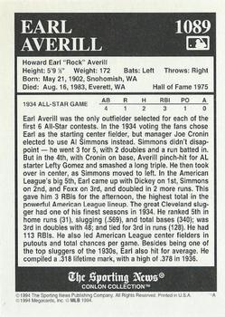 1994 Conlon Collection TSN #1089 Earl Averill Back