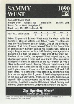 1994 Conlon Collection TSN #1090 Sammy West Back