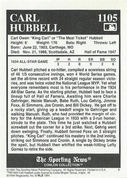 1994 Conlon Collection TSN #1105 Carl Hubbell Back