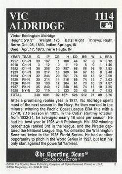 1994 Conlon Collection TSN #1114 Vic Aldridge Back