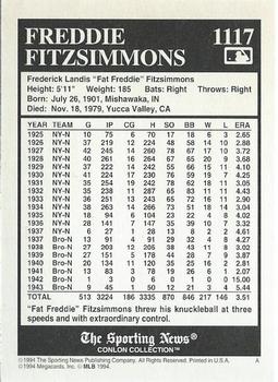 1994 Conlon Collection TSN #1117 Freddie Fitzsimmons Back