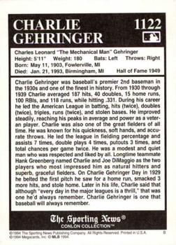 1994 Conlon Collection TSN #1122 Charlie Gehringer Back