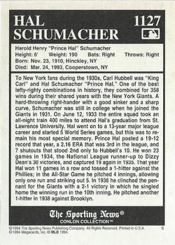 1994 Conlon Collection TSN #1127 Hal Schumacher Back