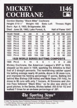1994 Conlon Collection TSN #1146 Mickey Cochrane Back