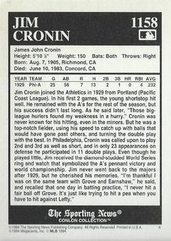 1994 Conlon Collection TSN #1158 Jim Cronin Back