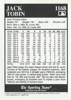 1994 Conlon Collection TSN #1168 Jack Tobin Back