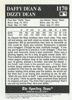 1994 Conlon Collection TSN #1170 Dizzy Dean / Daffy Dean Back