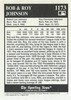 1994 Conlon Collection TSN #1173 Bob Johnson / Roy Johnson Back